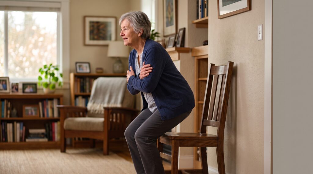 Older adult rising from a chair with arms crossed