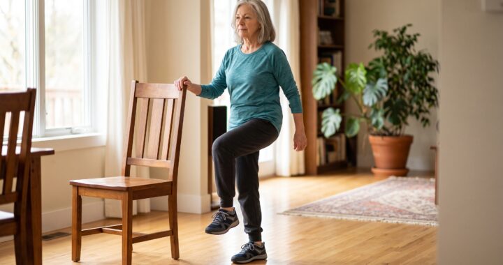 Senior marching in place beside a sturdy chair in a living room