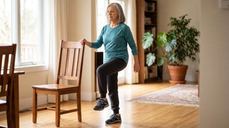 Senior marching in place beside a sturdy chair in a living room