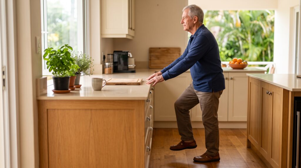 Older adult holding kitchen counter for support while balancing on one leg