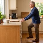 Older adult holding kitchen counter for support while balancing on one leg