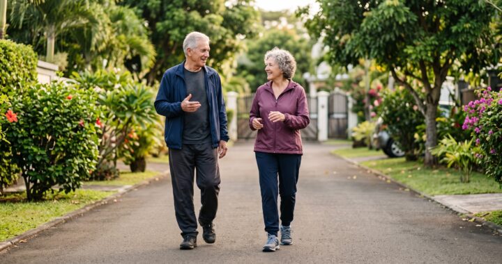 Two older adults chatting while walking at a steady pace