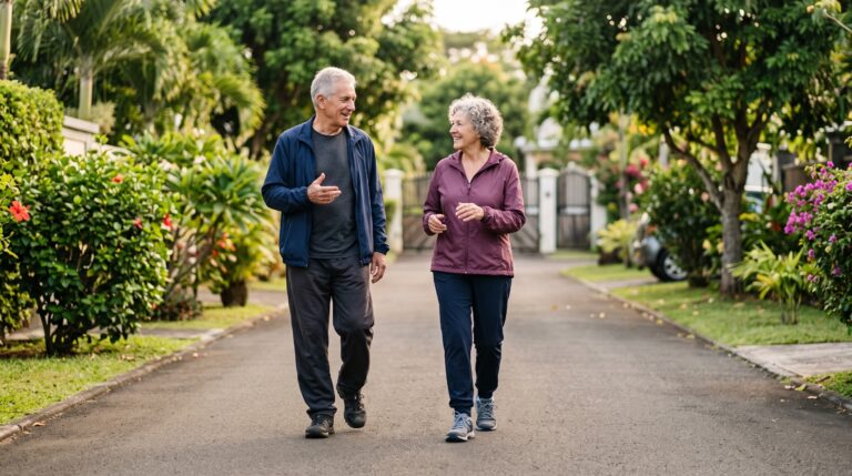 Two older adults chatting while walking at a steady pace